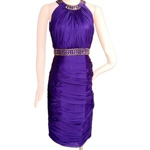 Carmen Marc Valvo Silk Purple Beaded Halter Ruched Cocktail Dress Size 8